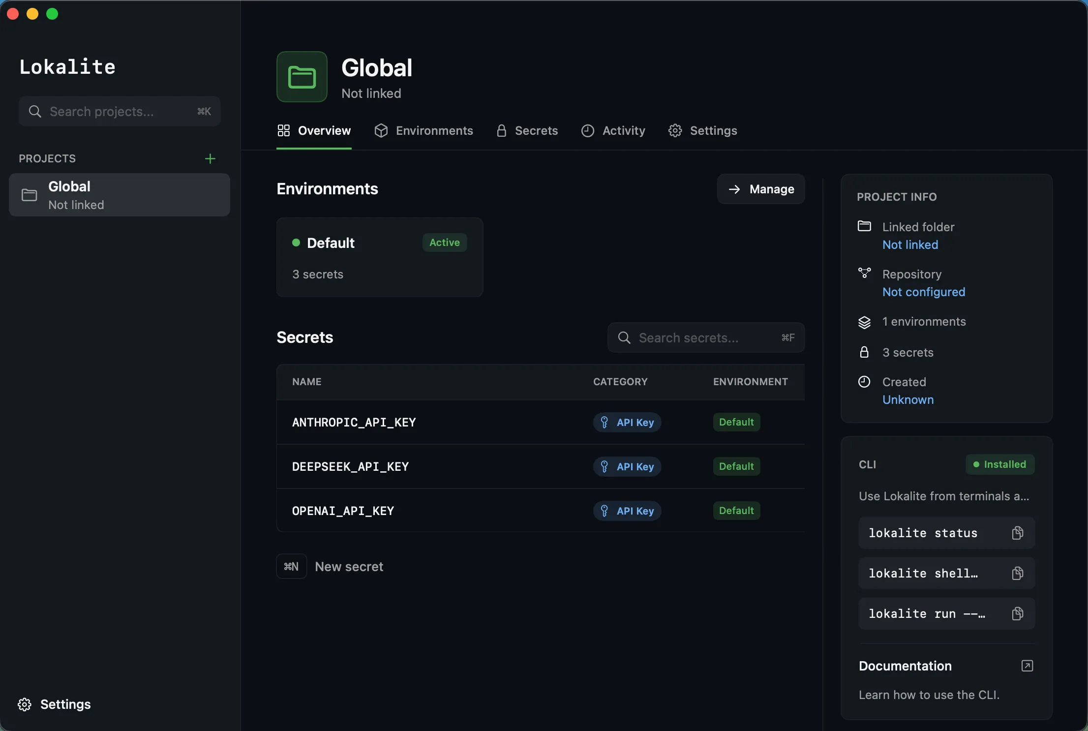 The Lokalite macOS app showing the Global project overview — an environments list, a table of API-key secrets, project info, and CLI command hints in the sidebar