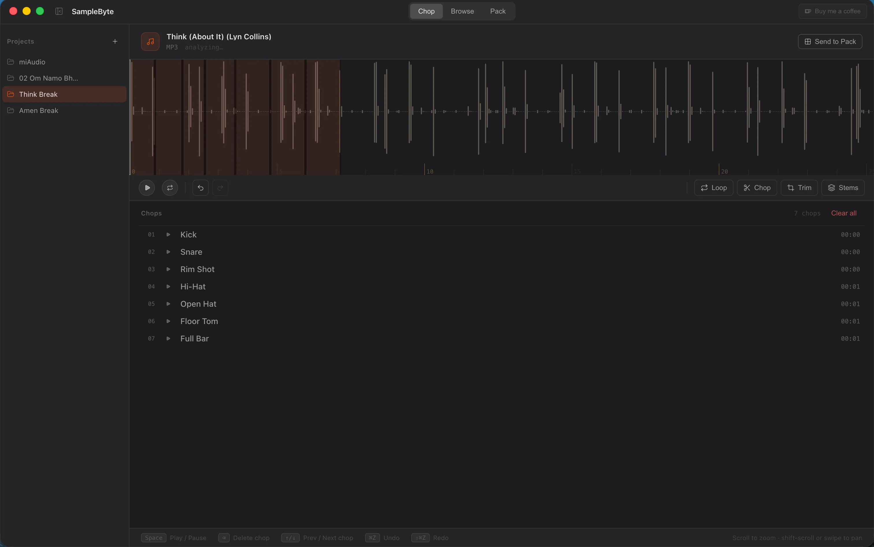 The SampleByte Chop view with a drum break loaded, chop regions drawn on the waveform, and a named list of chops (Kick, Snare, Hi-Hat, and more)