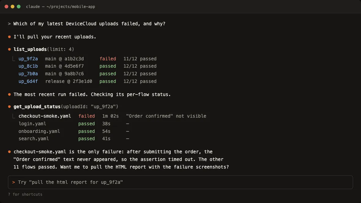 A Claude Code session using DeviceCloud MCP, calling list_uploads and get_upload_status to find which uploaded test run failed and why