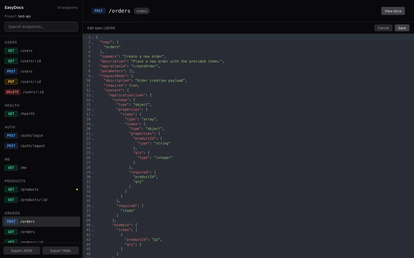 EasyDocs dashboard editing the raw OpenAPI JSON spec for the POST /orders endpoint