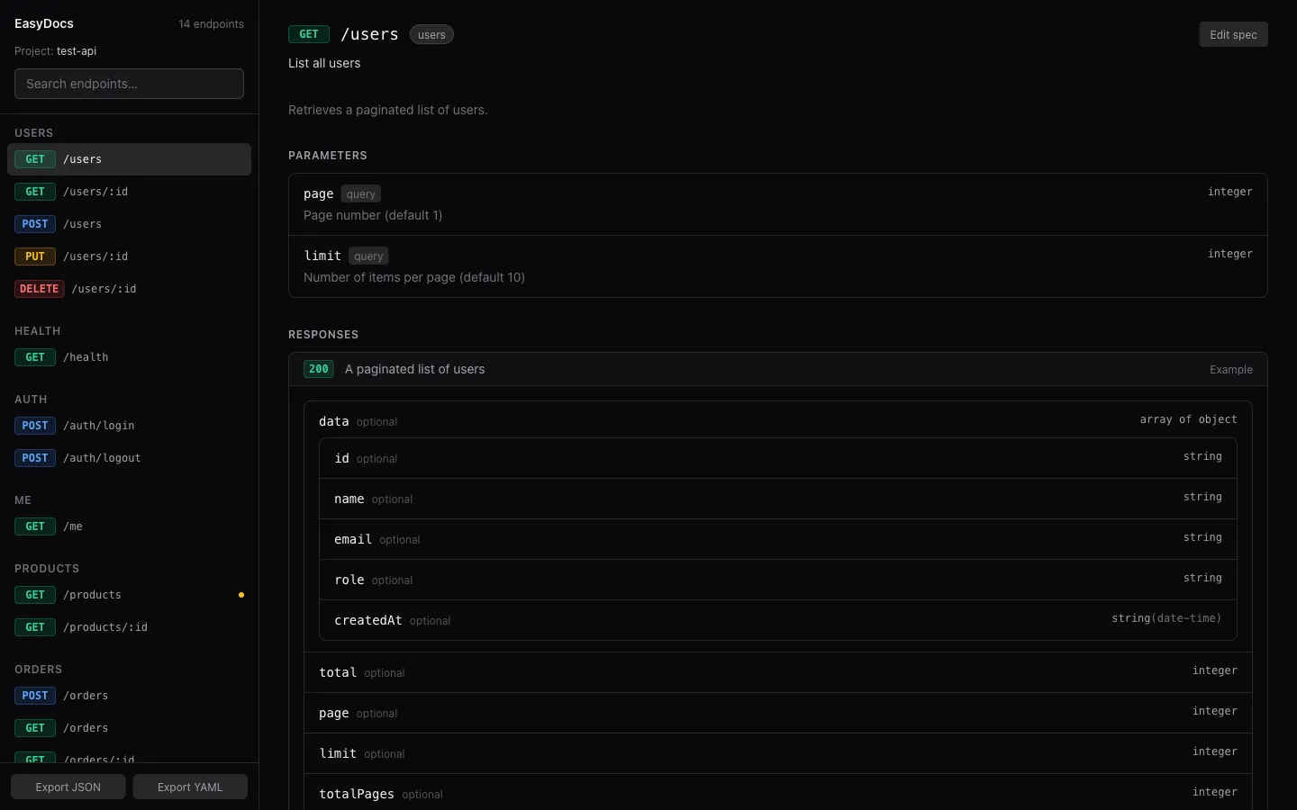 EasyDocs dashboard showing a generated GET /users endpoint with parameters and a 200 response schema