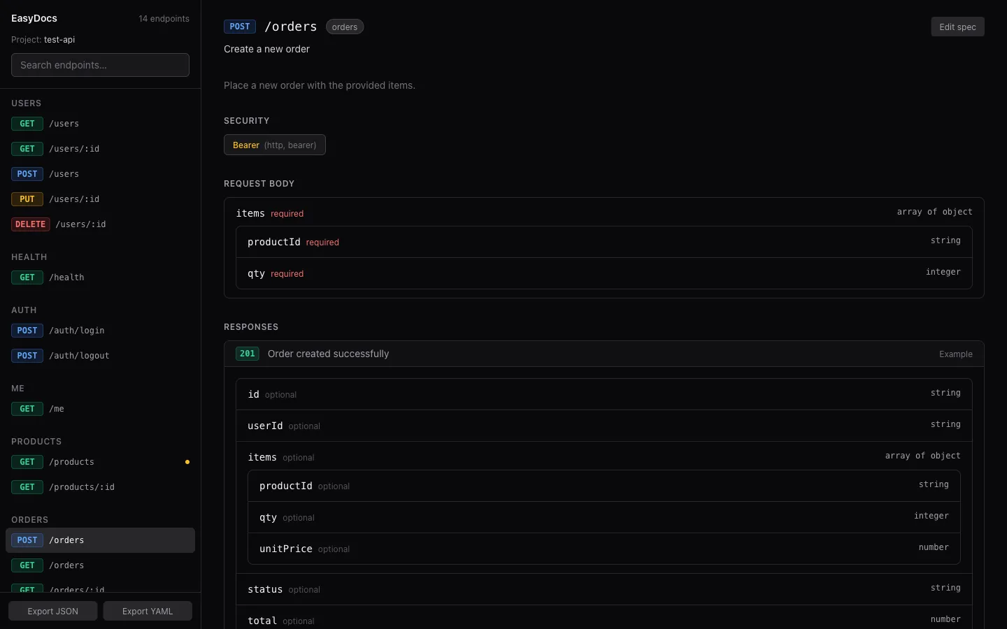 EasyDocs dashboard showing a POST /orders endpoint with bearer security, request body and response schema