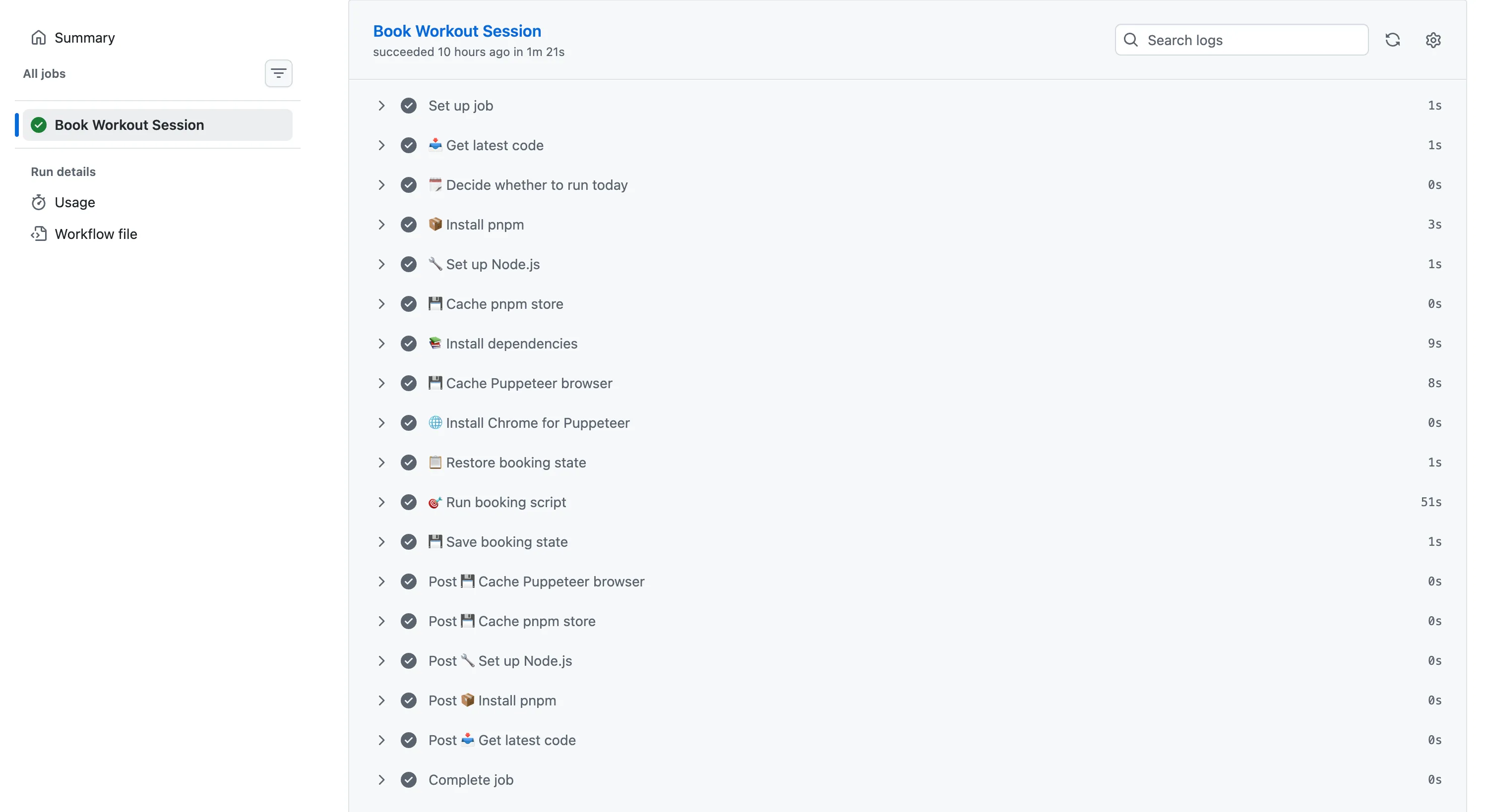 GitHub Actions job log for Autowod's Book Workout Session, listing each workflow step and its duration