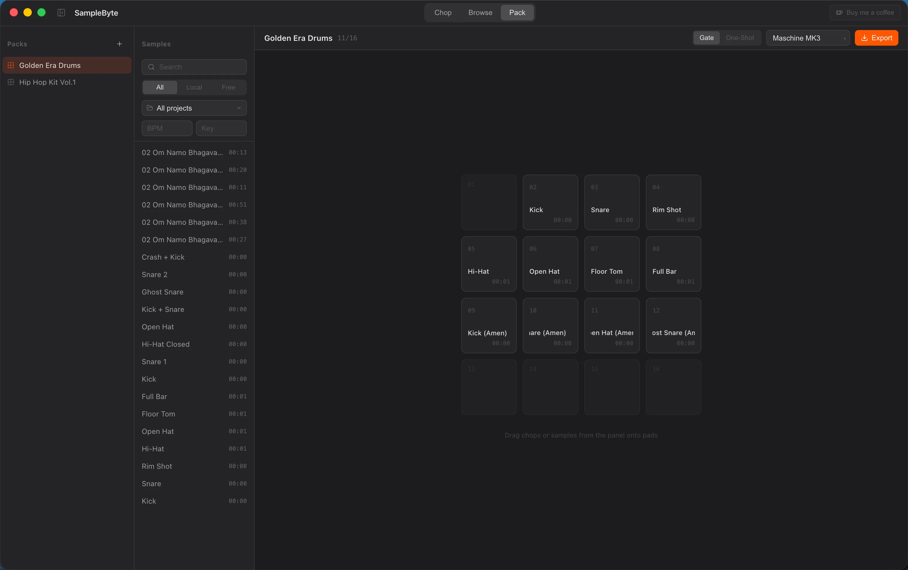 The SampleByte Pack view, with samples arranged on a 4x4 pad grid and the export target set to Maschine MK3
