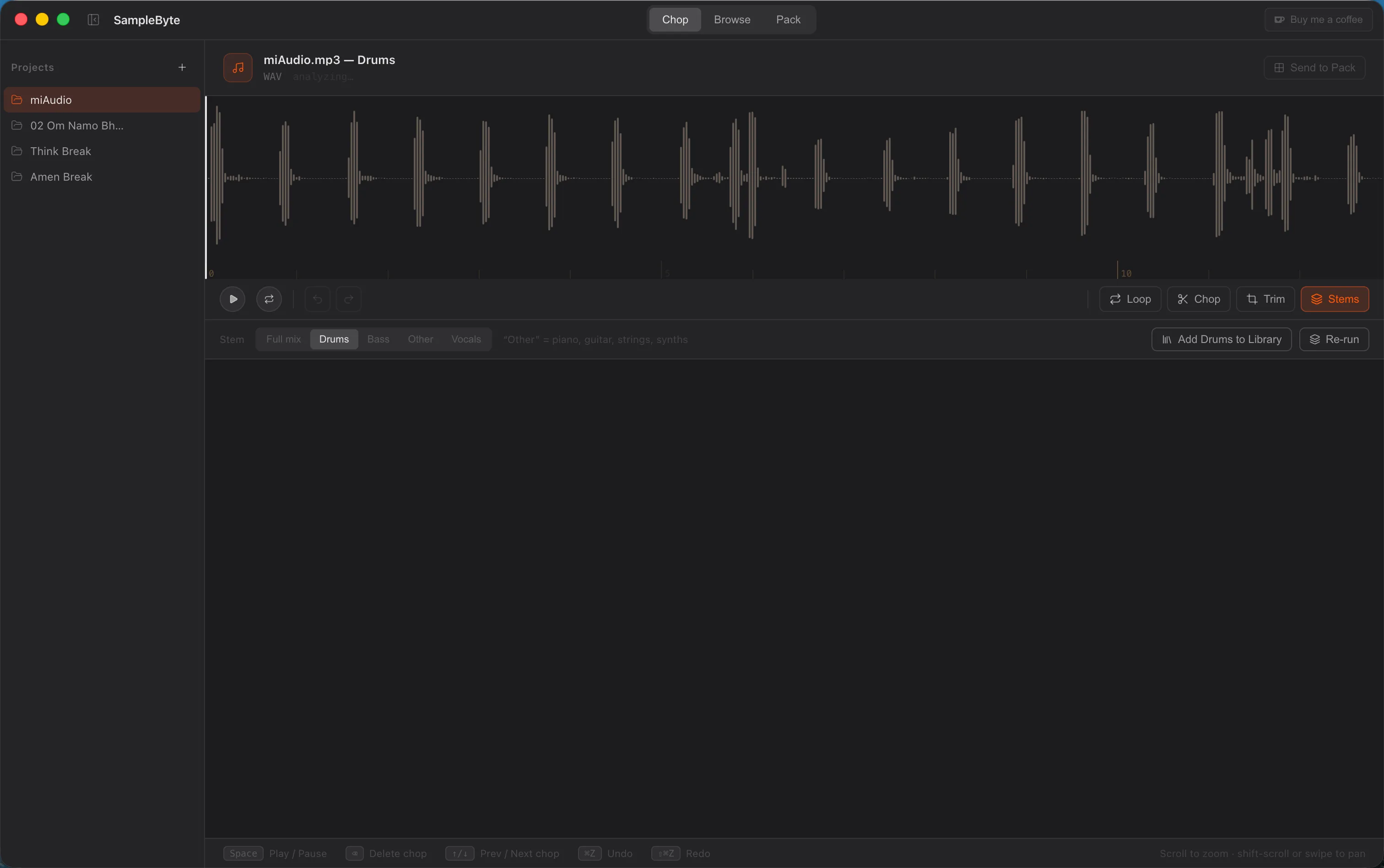 The SampleByte Stems tool, showing a source split into Drums, Bass, Other, and Vocals stems with the Drums stem selected and ready to add to the library